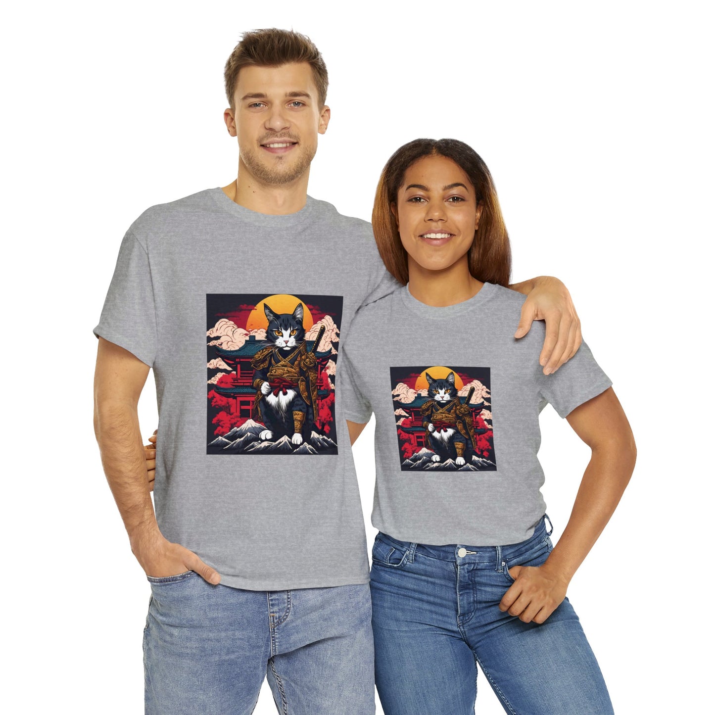 Samurai Cat Cartoon Anime Unisex Heavy Cotton Graphic Tee Kawaii Friends