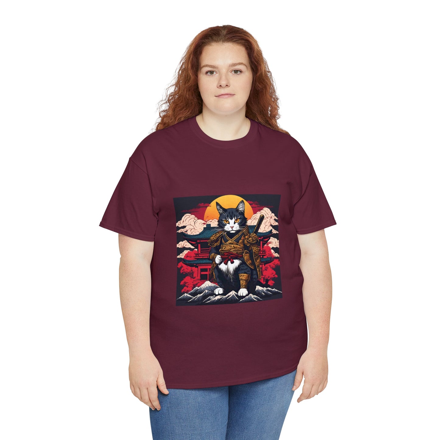 Samurai Cat Cartoon Anime Unisex Heavy Cotton Graphic Tee Kawaii Friends