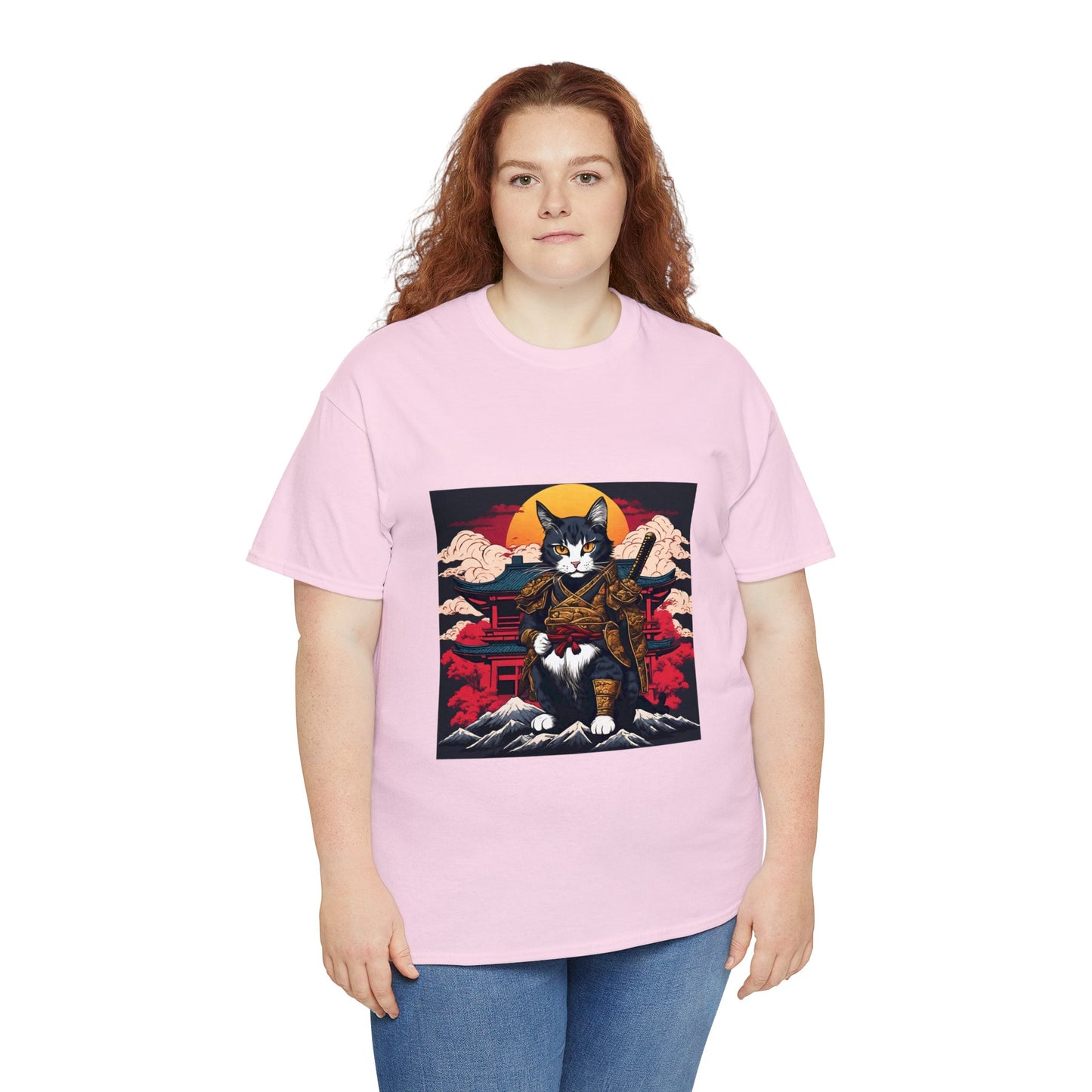 Samurai Cat Cartoon Anime Unisex Heavy Cotton Graphic Tee Kawaii Friends