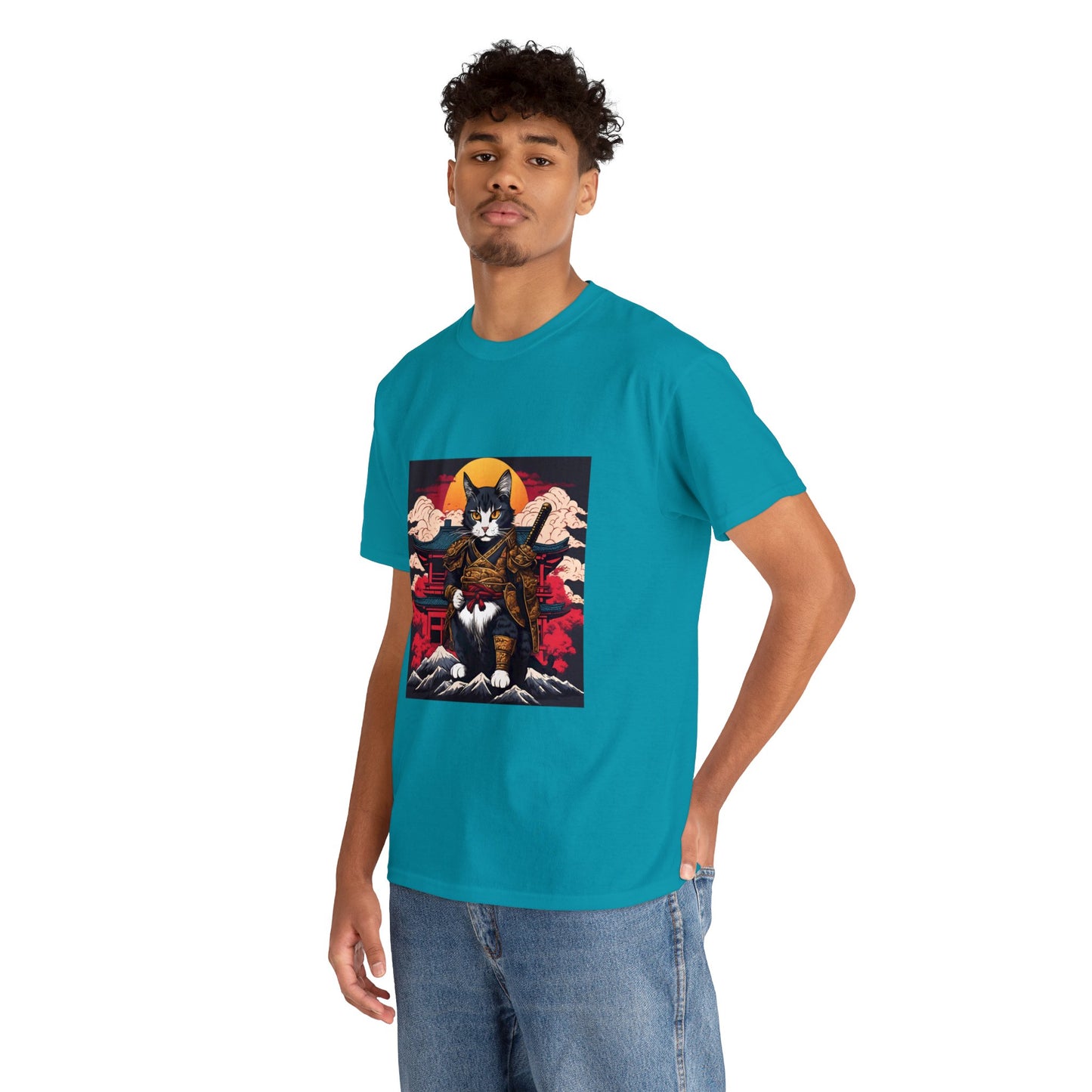 Samurai Cat Cartoon Anime Unisex Heavy Cotton Graphic Tee Kawaii Friends