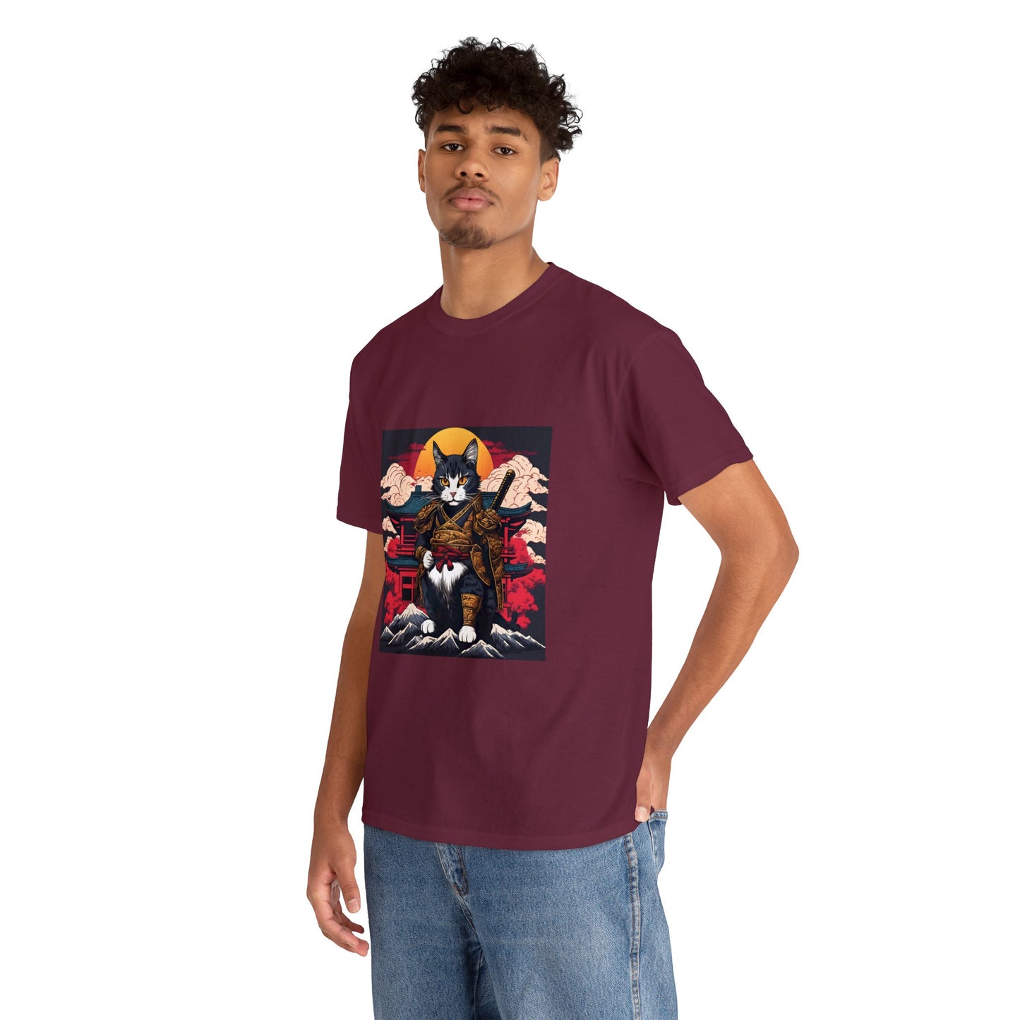 Samurai Cat Cartoon Anime Unisex Heavy Cotton Graphic Tee Kawaii Friends
