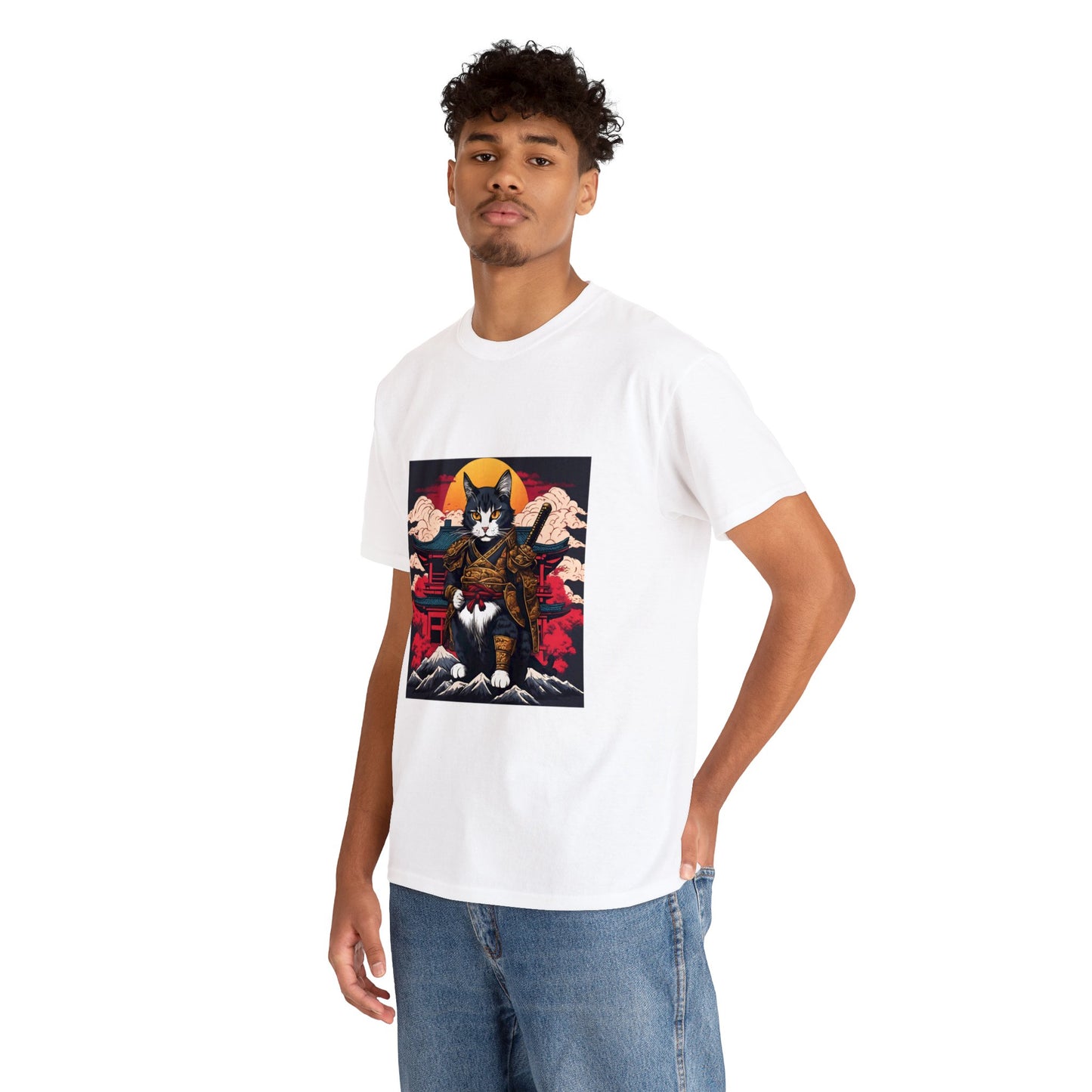 Samurai Cat Cartoon Anime Unisex Heavy Cotton Graphic Tee Kawaii Friends