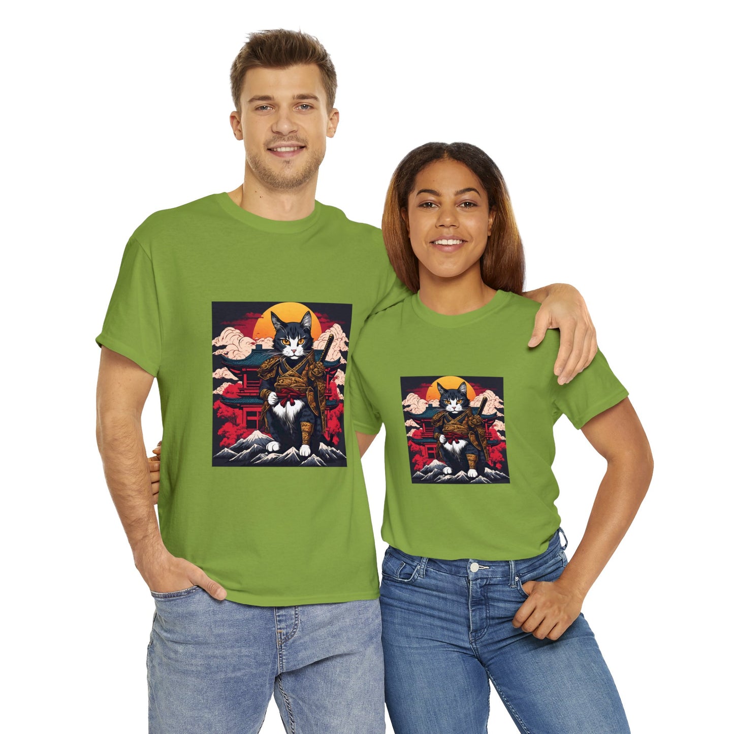 Samurai Cat Cartoon Anime Unisex Heavy Cotton Graphic Tee Kawaii Friends