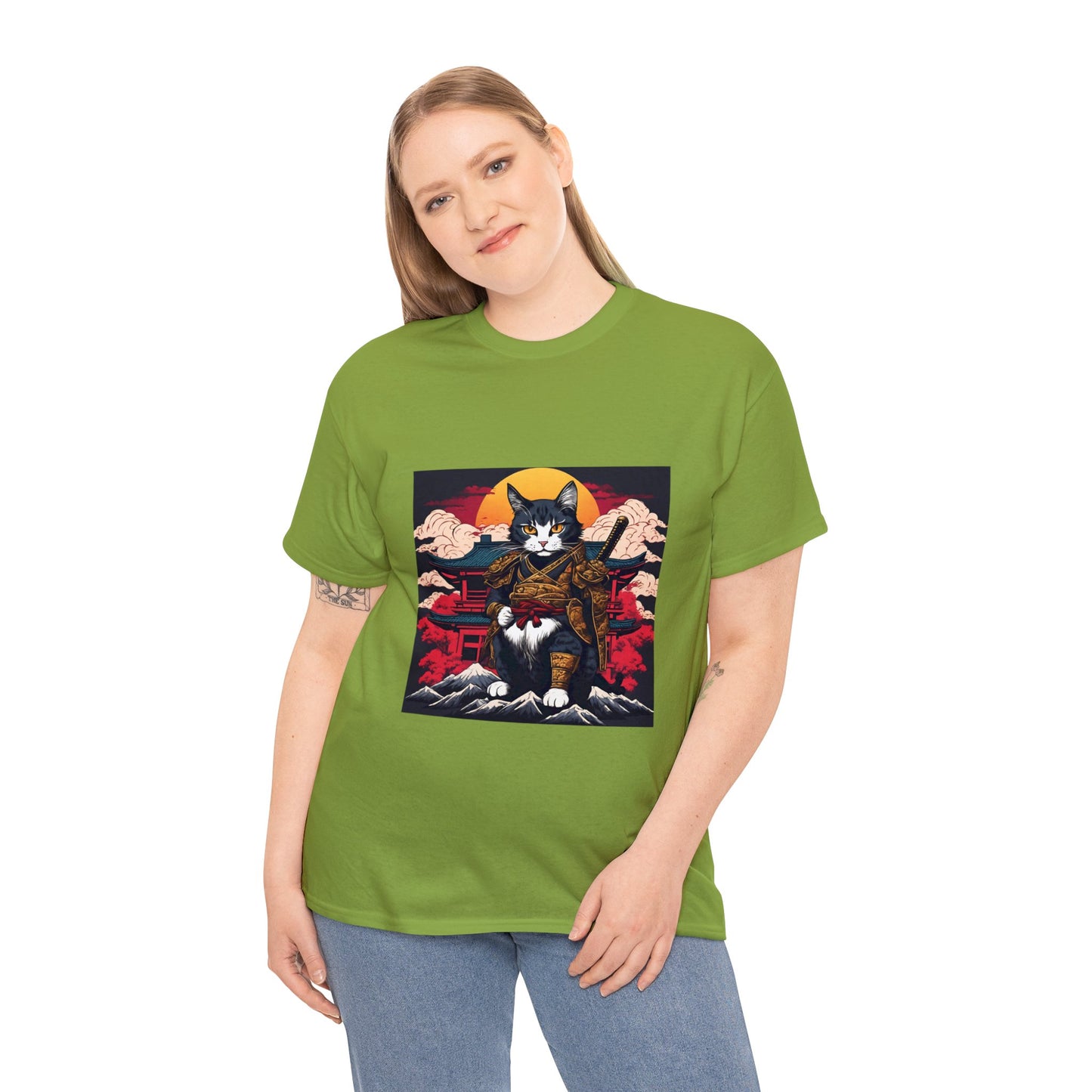 Samurai Cat Cartoon Anime Unisex Heavy Cotton Graphic Tee Kawaii Friends