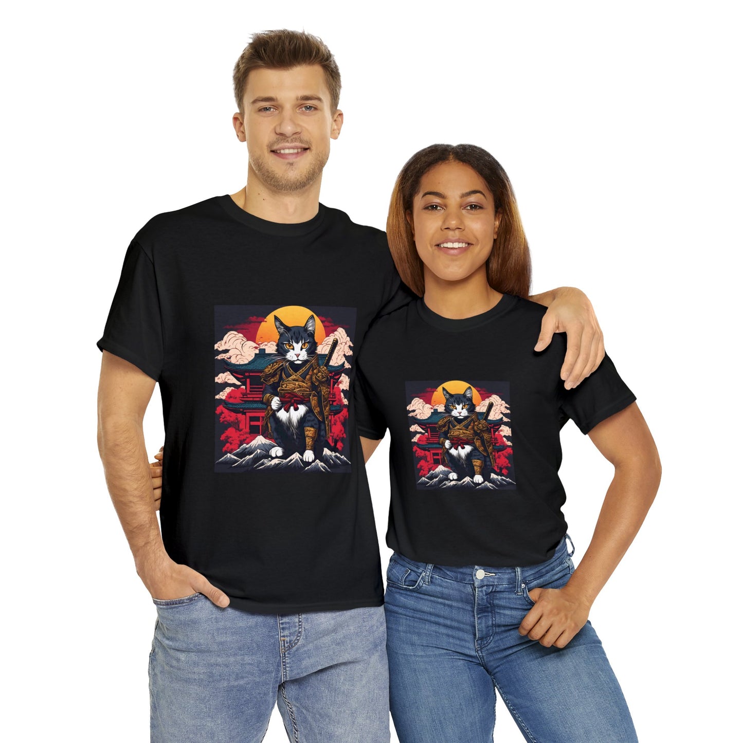 Samurai Cat Cartoon Anime Unisex Heavy Cotton Graphic Tee Kawaii Friends