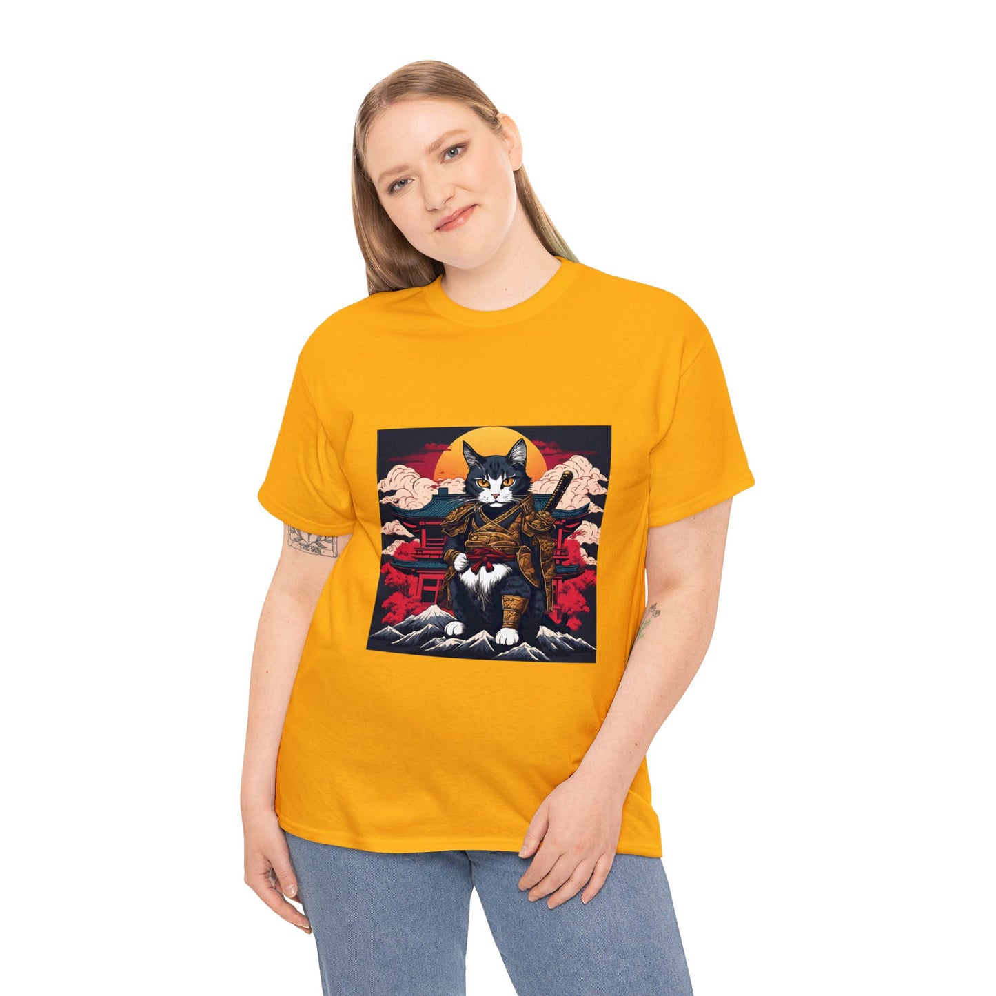 Samurai Cat Cartoon Anime Unisex Heavy Cotton Graphic Tee Kawaii Friends