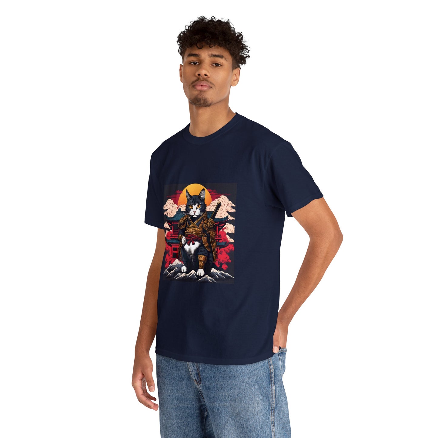 Samurai Cat Cartoon Anime Unisex Heavy Cotton Graphic Tee Kawaii Friends