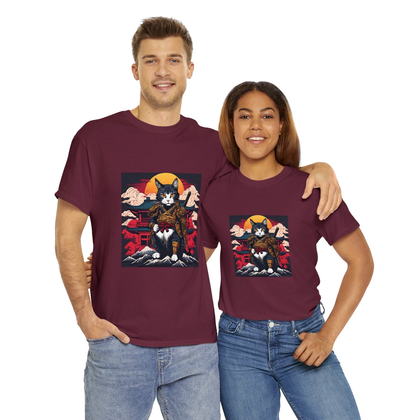 Samurai Cat Cartoon Anime Unisex Heavy Cotton Graphic Tee Kawaii Friends