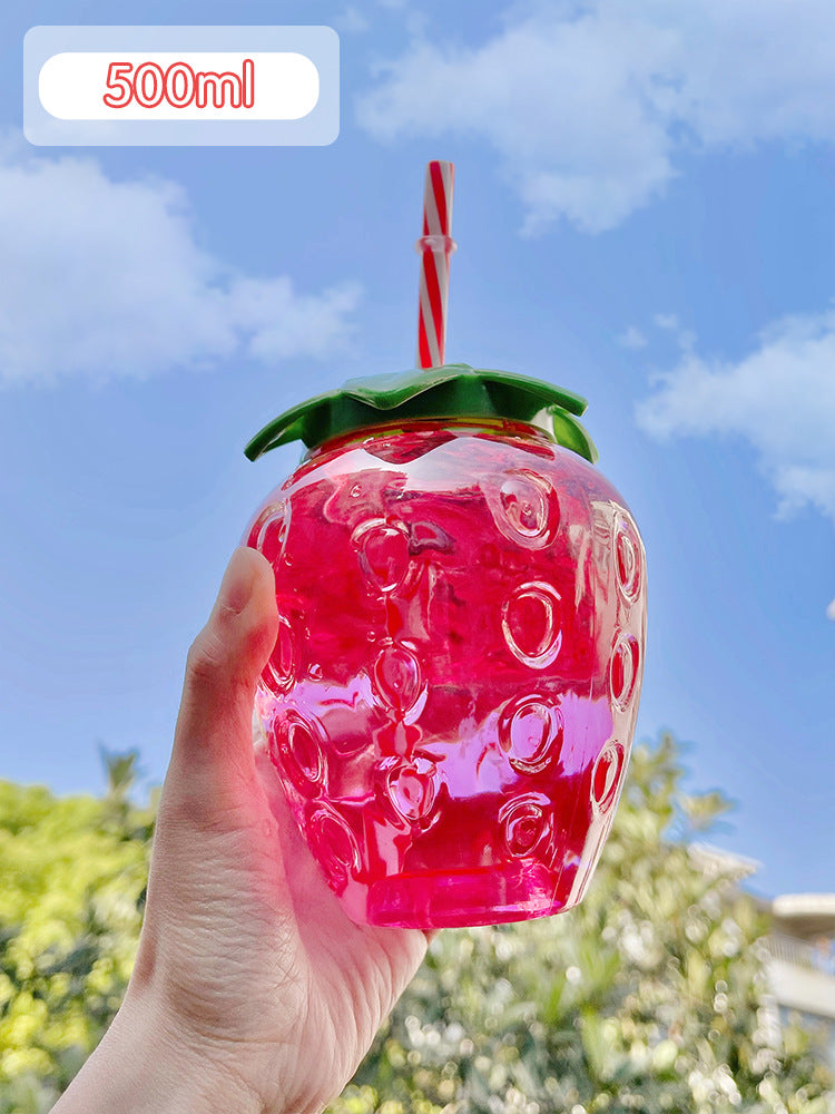 Botella de agua de fresa Kawaii, botella de agua de paja de fresa bonita de 500ml, taza de paja de café con leche PP, utensilios para beber de cocina
