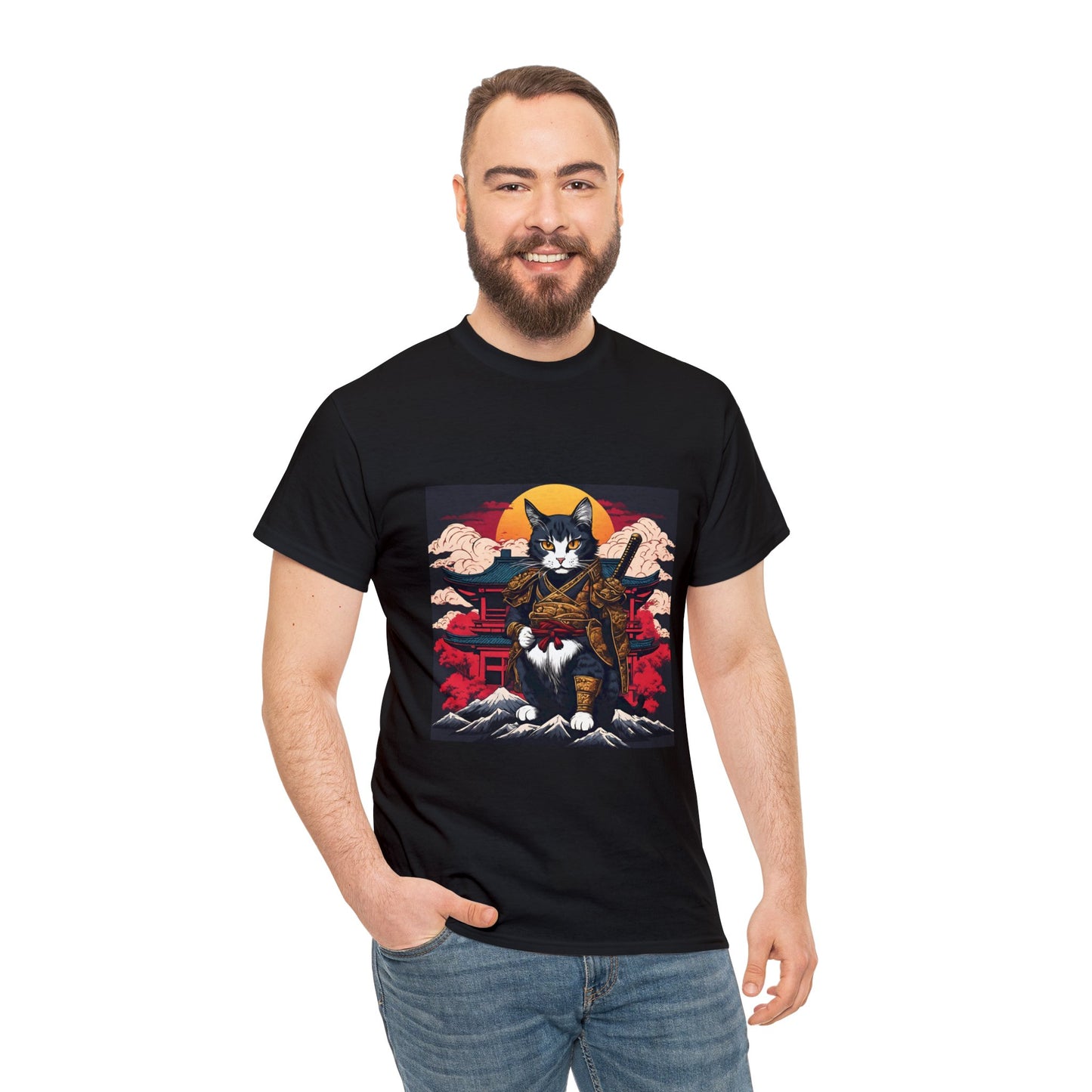 Samurai Cat Cartoon Anime Unisex Heavy Cotton Graphic Tee Kawaii Friends
