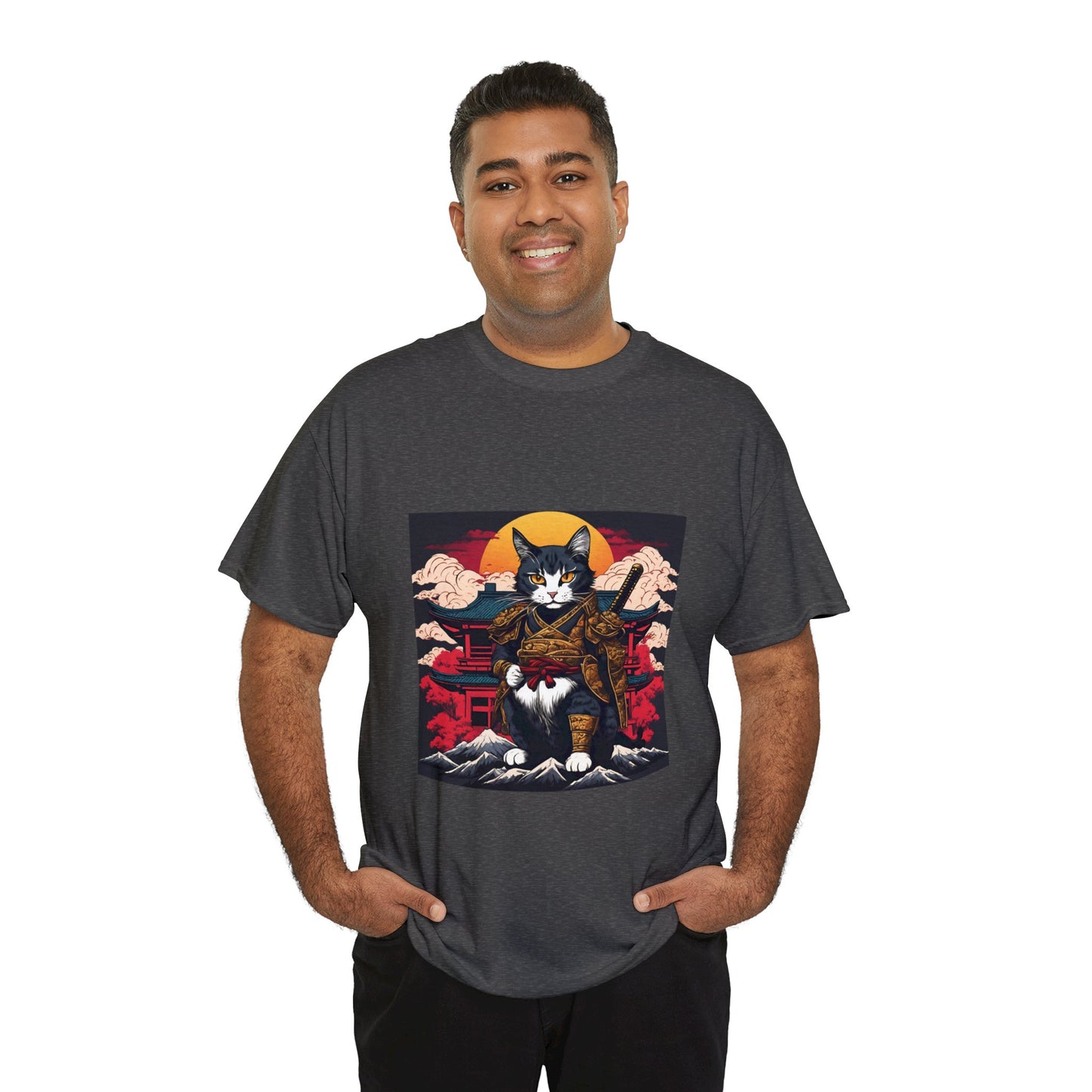 Samurai Cat Cartoon Anime Unisex Heavy Cotton Graphic Tee Kawaii Friends