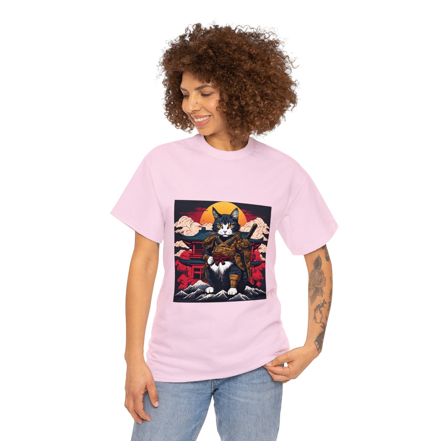 Samurai Cat Cartoon Anime Unisex Heavy Cotton Graphic Tee Kawaii Friends