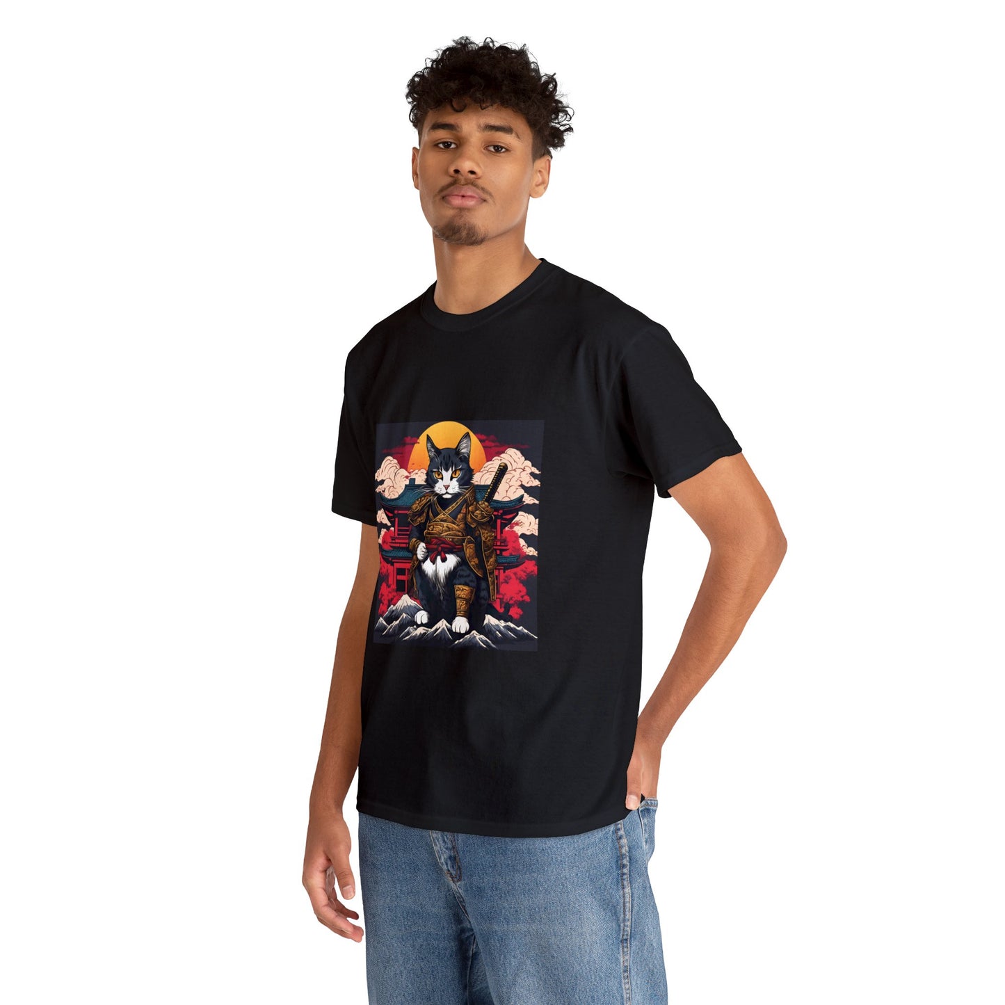 Samurai Cat Cartoon Anime Unisex Heavy Cotton Graphic Tee Kawaii Friends
