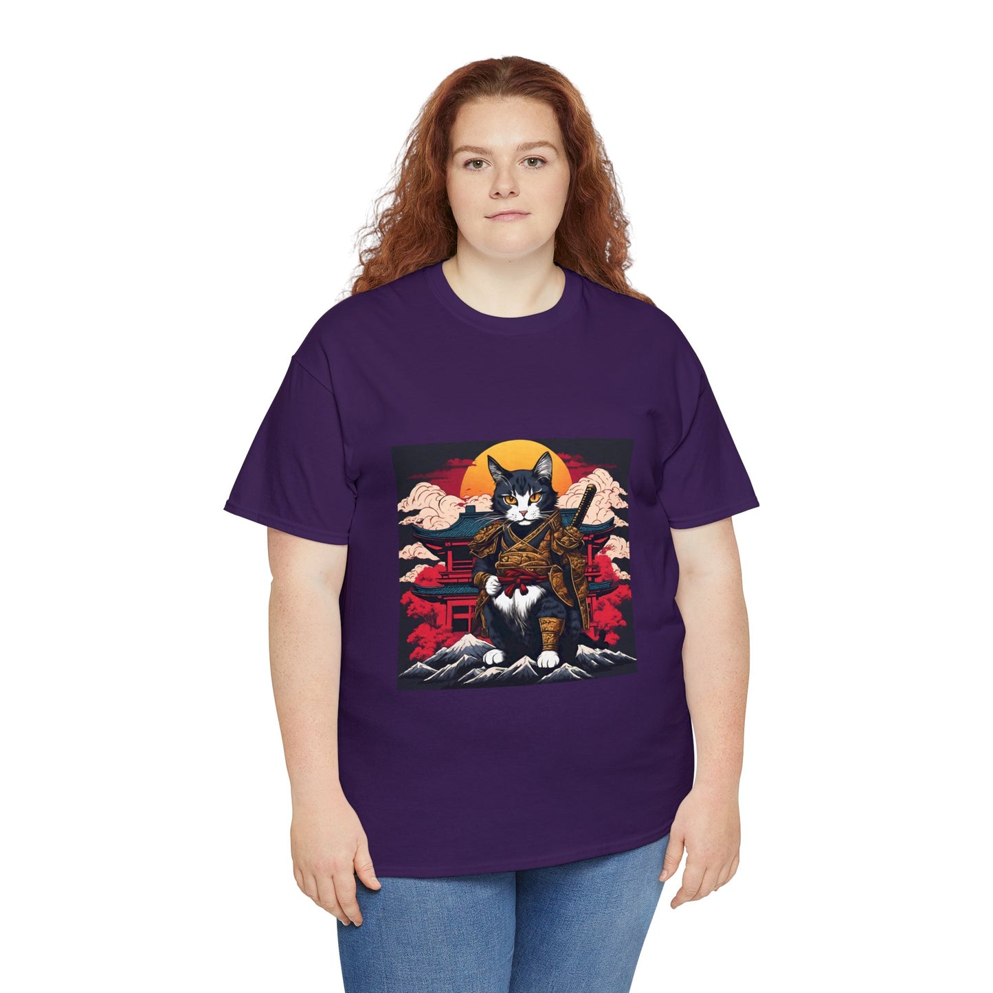 Samurai Cat Cartoon Anime Unisex Heavy Cotton Graphic Tee Kawaii Friends