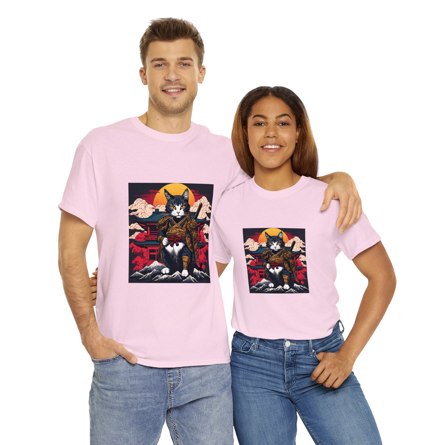 Samurai Cat Cartoon Anime Unisex Heavy Cotton Graphic Tee Kawaii Friends