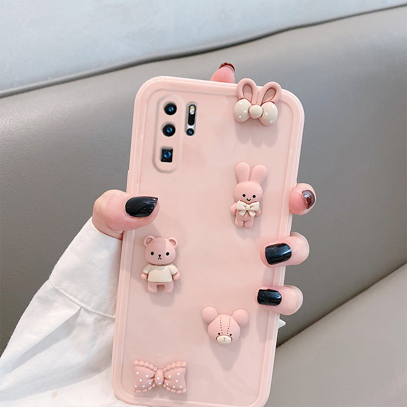 Kawaii Three-dimensional Bowknot Bunny Mobile Phone Case Protective Cover Soft Shell Silicon Huawei