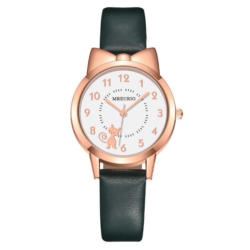 Reloj de cuarzo Kawaii Estilo caliente Cinturón de gatito con lazo lindo