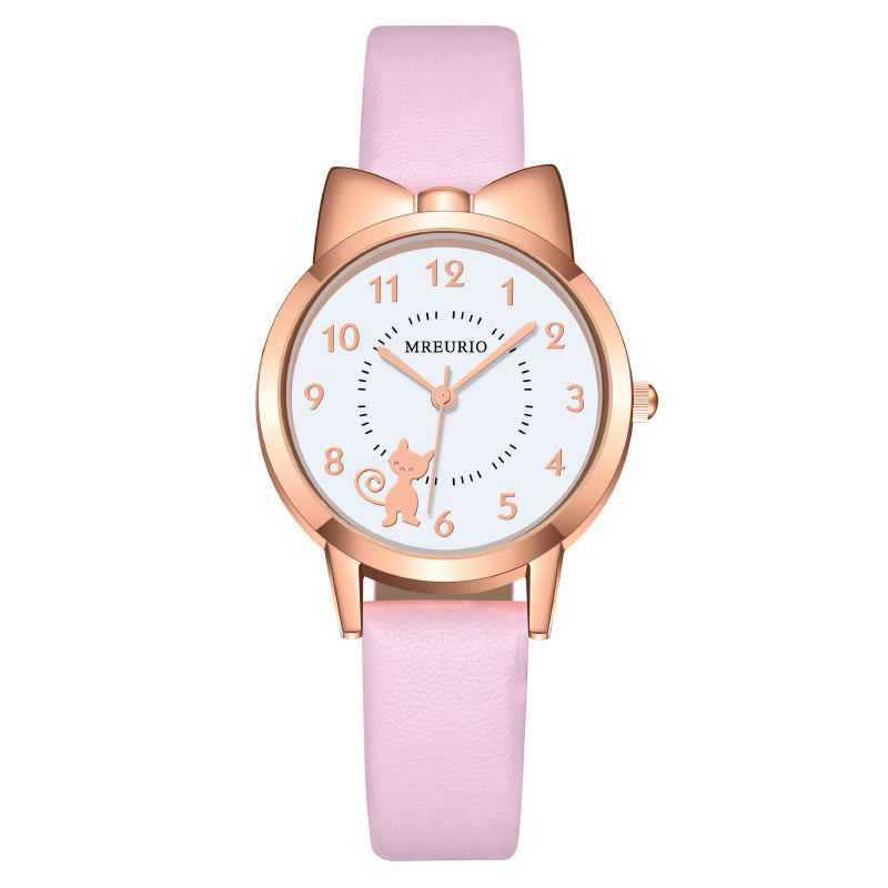 Reloj de cuarzo Kawaii Estilo caliente Cinturón de gatito con lazo lindo