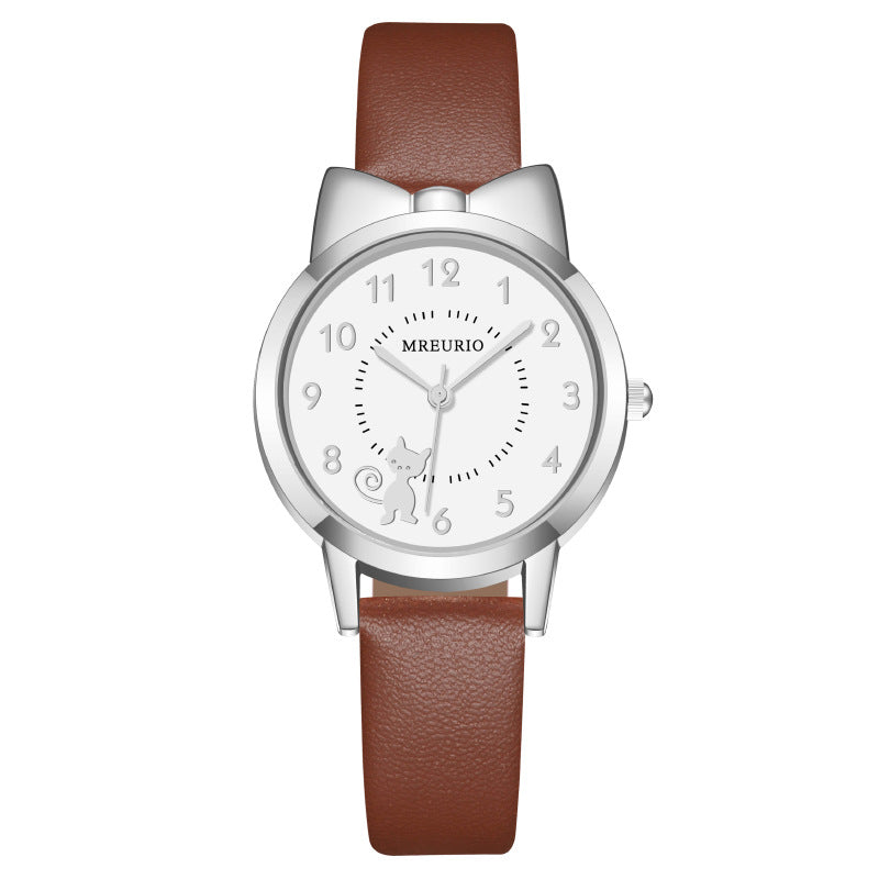 Reloj de cuarzo Kawaii Estilo caliente Cinturón de gatito con lazo lindo