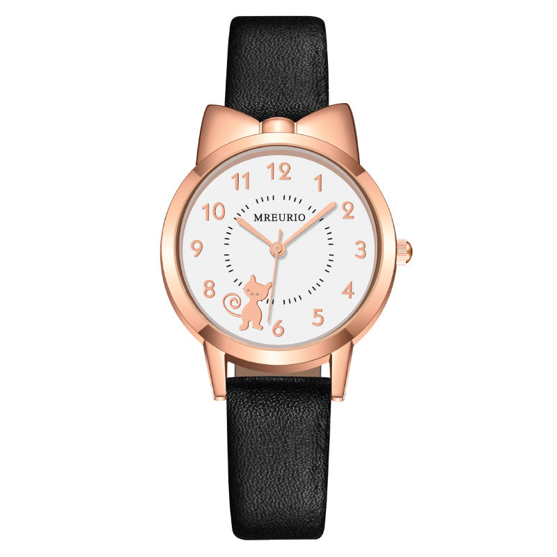 Reloj de cuarzo Kawaii Estilo caliente Cinturón de gatito con lazo lindo