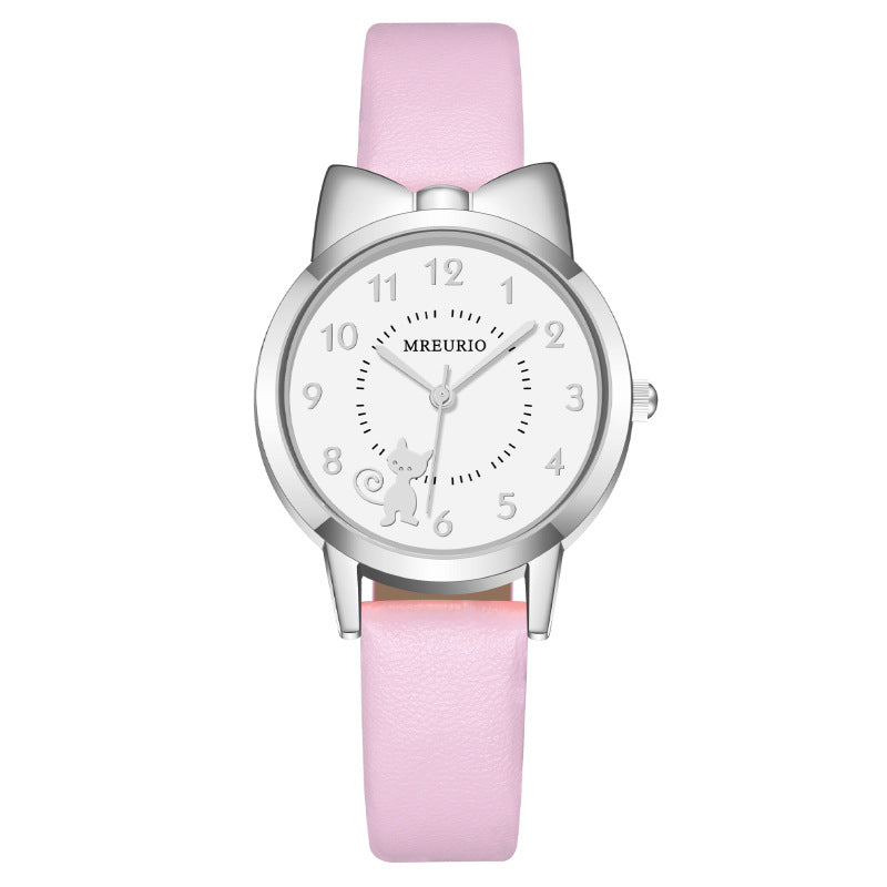 Reloj de cuarzo Kawaii Estilo caliente Cinturón de gatito con lazo lindo