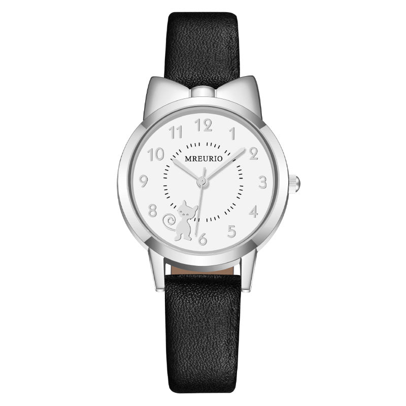 Reloj de cuarzo Kawaii Estilo caliente Cinturón de gatito con lazo lindo